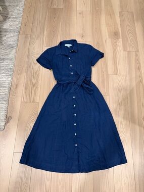 Hill House linen Navy Short-Sleeve Button-Front Midi Dress with pockets